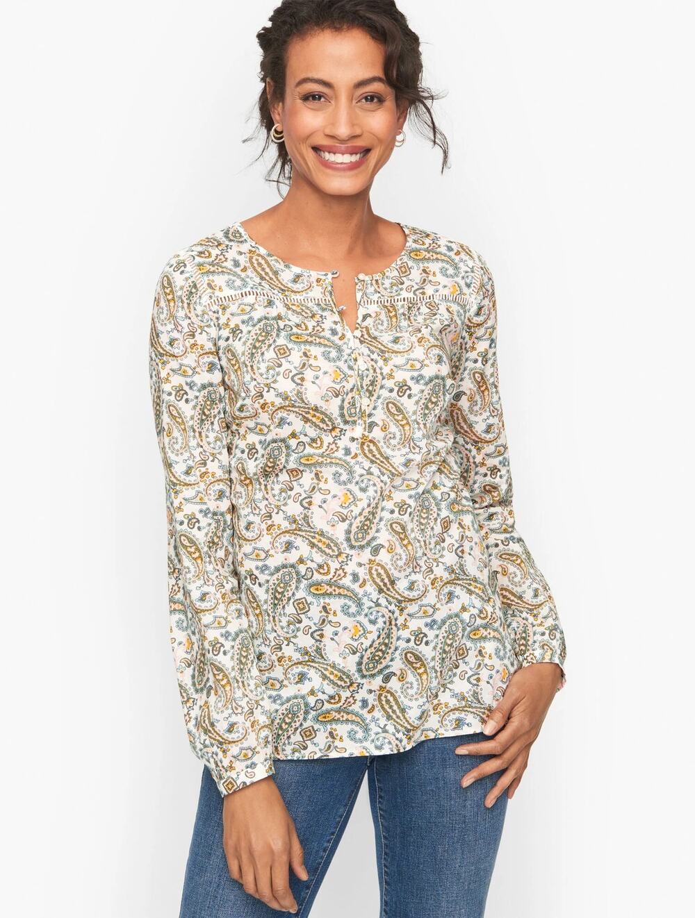 Talbots Cotton Popover Paisley Top White Green Crew Neck Long Sleeve Sz 1XP